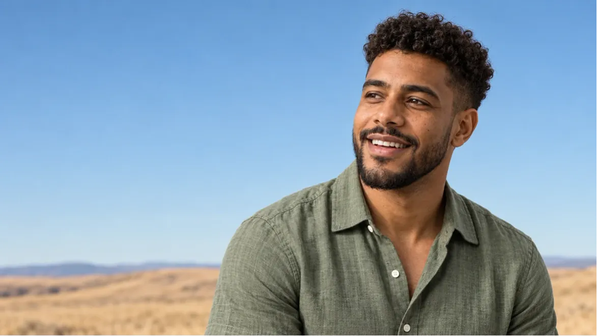 A smiling professional looking out over an open landscape
