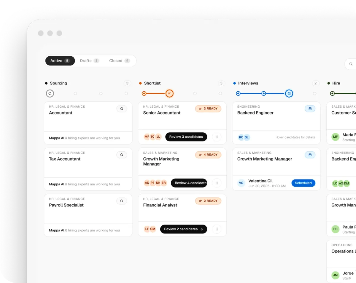 Mappa Business job board: roles moving from sourcing to shortlist, interviews and hire